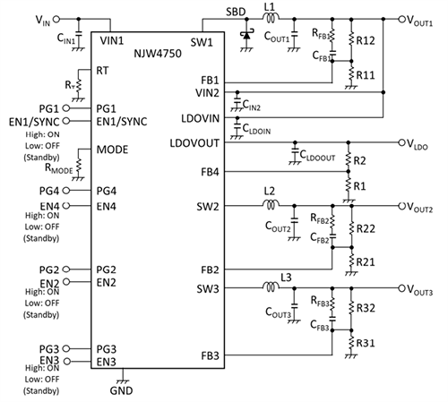 Application Circuit Diagram - Nisshinbo NJW4750-T1 Quad Channel Combination Regulators